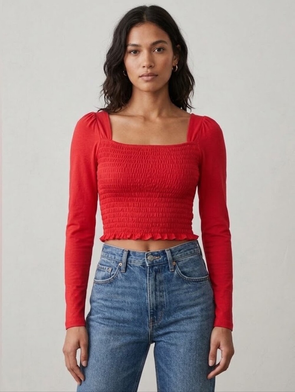 Topshop Smocked Long Sleeve Red Crop Top 4